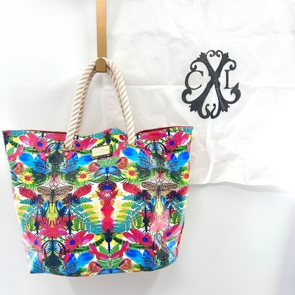 CHRISTIAN LACROIX REVERSIBLE PINK FLORAL DRAGONFLY TOTE W/ DUST BAG - Picture 2 of 11